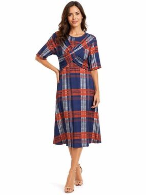 Asos Navy and Orange Plaid Twist-Front Midi Dress 14